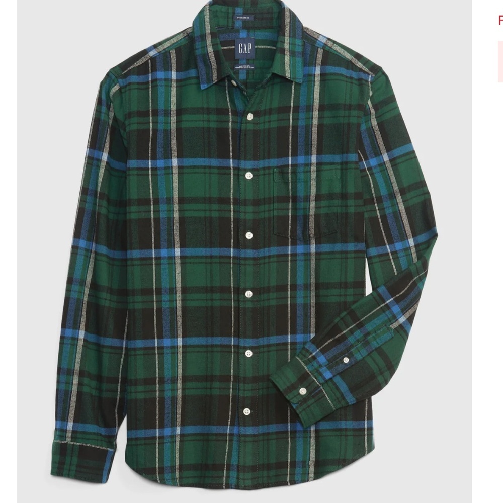 NWT GAP men's blue and green plaid cotton flannel long sleeve button down XS